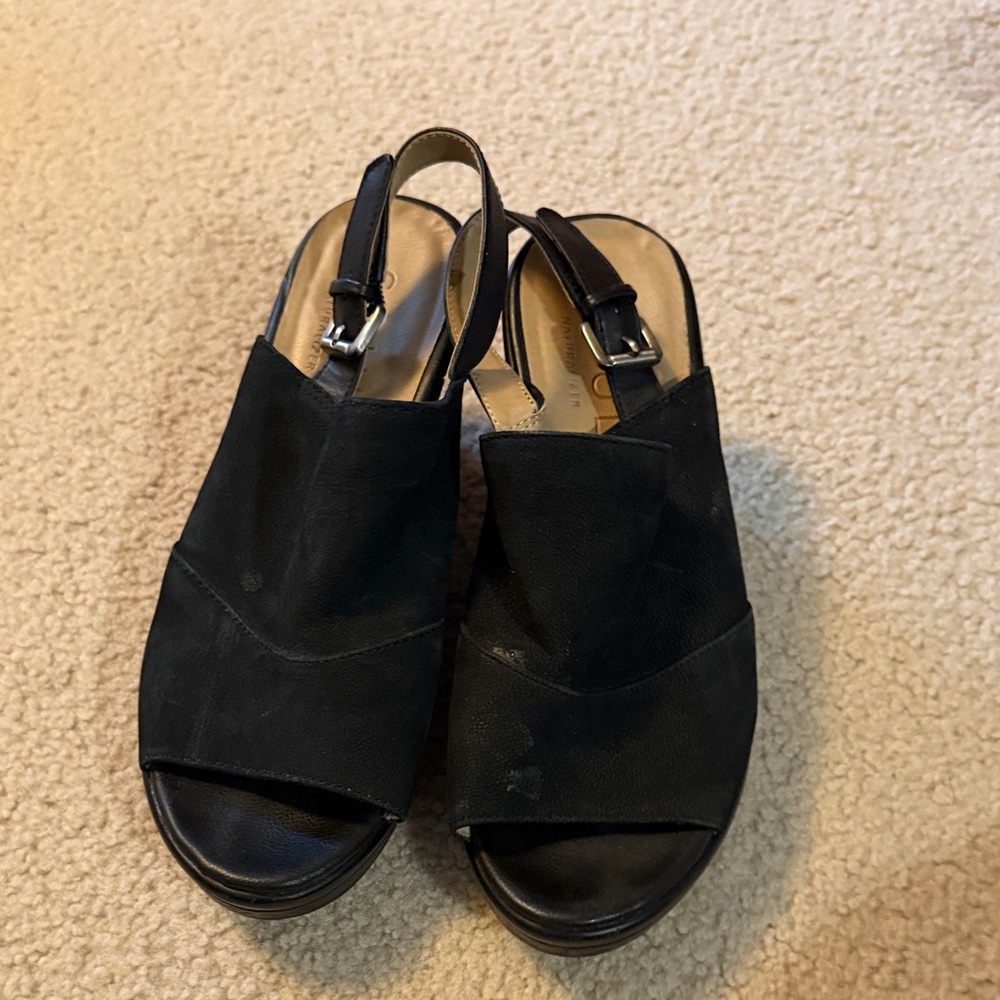 Soma Black Open-Toe Slingback Wedge Mules